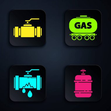 Propan gaz tankını, endüstriyel metalik boruları ve vanayı su sızdıran kırık metal boruyu ve benzin deposunu ayarlayın. Siyah kare düğme. Vektör