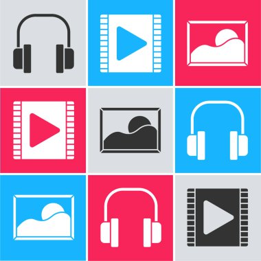 Kulaklıkları ayarla, Video ve Görüntü Oynat manzara simgesi. Vektör