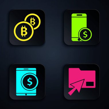 İmleç tıklaması belge dizinini, Şifreleme bozuk parası Bitcoin, Dolar ile Tablet ve Dolar ile Smartphone ayarlayın. Siyah kare düğme. Vektör