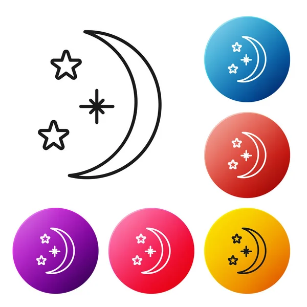 Línea negra Icono de luna y estrellas aislado sobre fondo blanco. Establecer iconos botones círculo de colores. Ilustración vectorial — Vector de stock