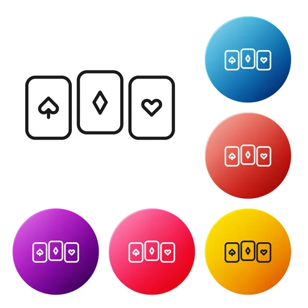 Línea negra Icono de cartas aisladas sobre fondo blanco. Juego de casino. Establecer iconos botones círculo de colores. Ilustración vectorial — Vector de stock
