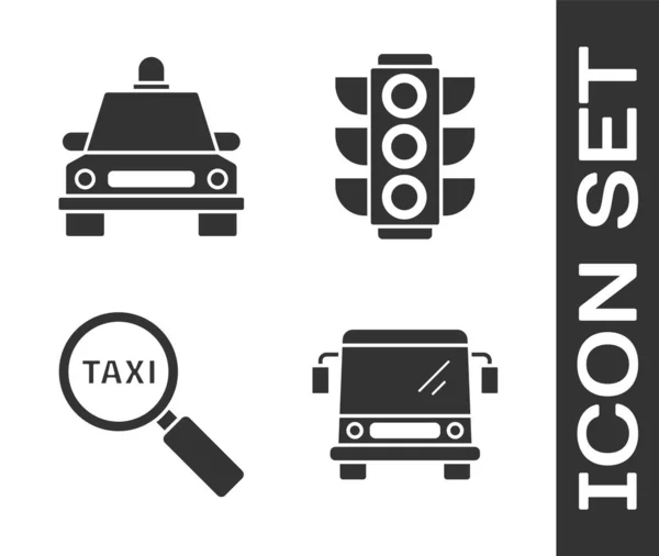 Set Bus, Taxi voiture, Verre grossissant et taxi voiture et feu de circulation icône. Vecteur — Image vectorielle