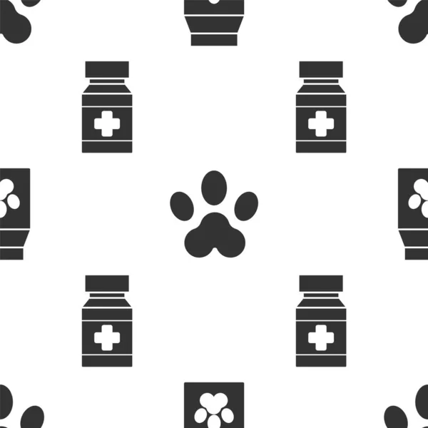 Set tas makanan untuk hewan peliharaan, Jejak cetak dan anjing botol obat dan pil pada pola mulus. Vektor - Stok Vektor
