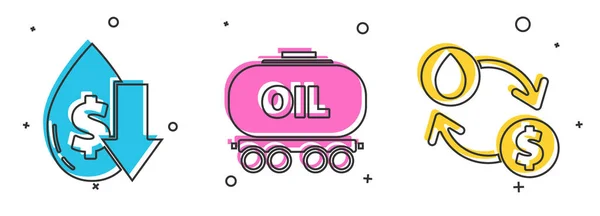 Set Droppe i råoljepriset, Olja järnvägen cistern och Olja utbyte, vattenöverföring, konvertera ikonen. Vektor — Stock vektor