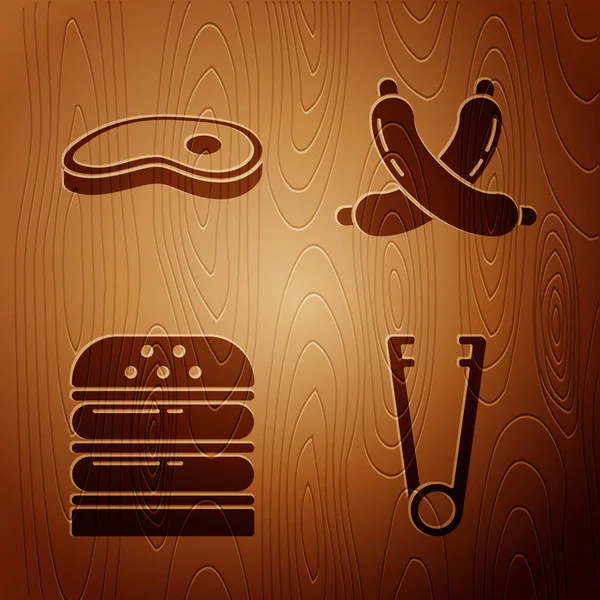 Set Meat tongs, Steak meat, Burger and Crossed sausage on wooden background. Vector — Stock Vector