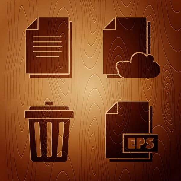 Establezca el documento de archivo EPS, el documento, la papelera y el documento de texto de almacenamiento en la nube sobre fondo de madera. Vector — Vector de stock
