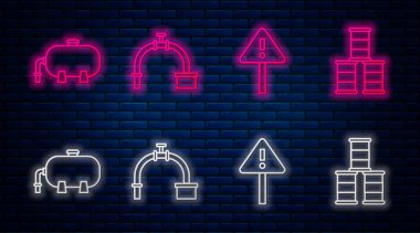 Boru ve vanayı ayarla, üçgen ünlem işareti, petrol endüstrisi fabrikası binası ve fıçı yağı. Tuğla duvarda parlayan neon simgesi. Vektör