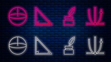 Takvim, tebeşir tahtası, hesap makinesi ve zil ayarlayın. Tuğla duvarda parlayan neon simgesi. Vektör