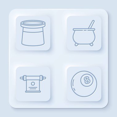 Sihirbaz şapkası, cadı kazanı, sihirli parşömen ve kehanetler topu. Beyaz kare düğme. Vektör