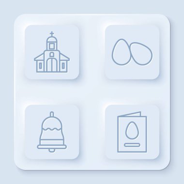 Sabit kilise binası, Paskalya yumurtaları, zil ve Mutlu Paskalyalar yazılı tebrik kartı. Beyaz kare düğme. Vektör