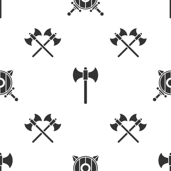 Ahşap kalkanı çapraz kılıçlarla, ortaçağ baltasıyla ve çapraz ortaçağ baltalarıyla kusursuz desenlere ayarla. Vektör