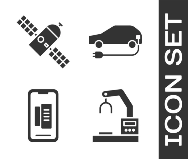 Set Robótica fábrica de manos robot, Satélite, Smartphone, teléfono móvil y coche eléctrico icono. Vector — Archivo Imágenes Vectoriales