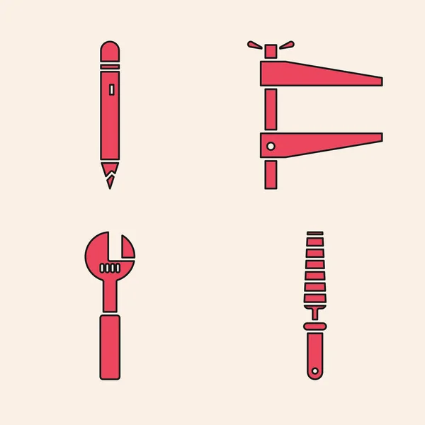 Set Chisel tool for wood, Pencil with eraser, Clamp tool and Adjustable wrench icon. Vector — Stock Vector