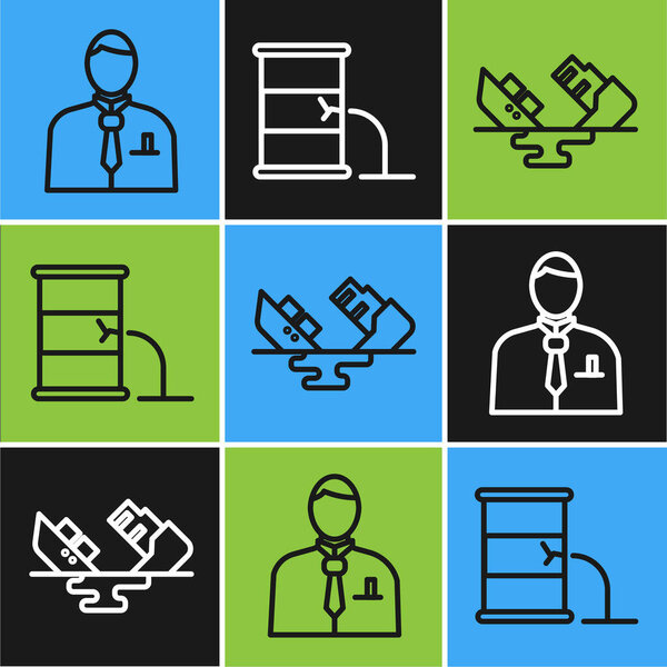 Установить линию Бизнесмен или биржевой трейдер, Разрушенный нефтяной танкер корабль и баррель нефти значок утечки. Вектор
