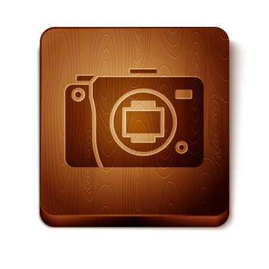 Kahverengi aynasız kamera simgesi beyaz arkaplanda izole edildi. Fotoğraf makinesi simgesi. Tahta kare düğme. Vektör İllüstrasyonu