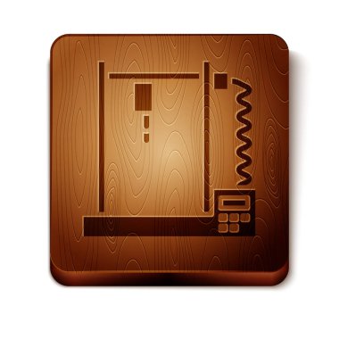 Kahverengi 3D yazıcı simgesi beyaz arkaplanda izole edildi. Tahta kare düğme. Vektör İllüstrasyonu