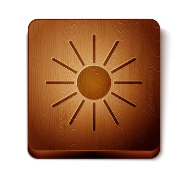 Kahverengi Güneş simgesi beyaz arkaplanda izole edildi. Yaz sembolü. Güneşli bir gün. Tahta kare düğme. Vektör İllüstrasyonu