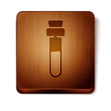 Aşk iksiri ikonlu kahverengi şişe beyaz arka planda izole edilmiş. Sevgililer Günü sembolü. Tahta kare düğme. Vektör İllüstrasyonu