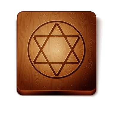 David 'in Kahverengi Yıldızı simgesi beyaz arkaplanda izole edilmiş. Yahudi dini sembolü. İsrail 'in sembolü. Tahta kare düğme. Vektör İllüstrasyonu