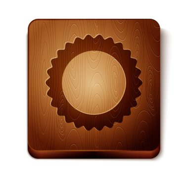 Kahverengi Güneş simgesi beyaz arkaplanda izole edildi. Yaz sembolü. Güneşli bir gün. Tahta kare düğme. Vektör İllüstrasyonu