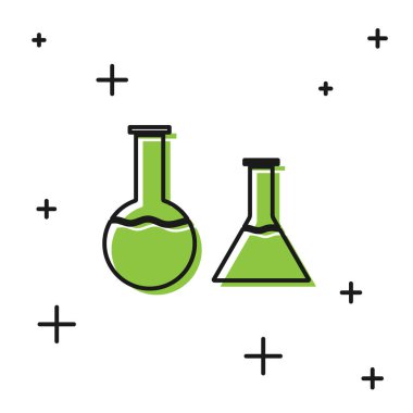 Beyaz arkaplanda siyah test tüpü ve matara simgesi var. Kimyasal laboratuvar testi. Laboratuvar camları. Vektör İllüstrasyonu