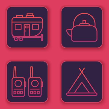 Rv Kamp karavanı, telsiz, saplı su ısıtıcısı ve turist çadırı. Mavi kare düğme. Vektör