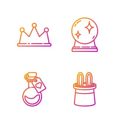 Sihirbaz şapkası ve tavşan kulakları, aşk iksiri şişesi, taç ve sihirli top. Renk simgeleri. Vektör