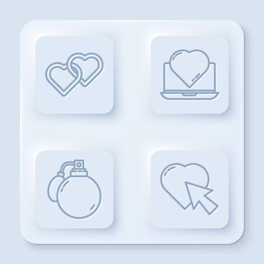 Satır İki Bağlı Kalpler, Online flört uygulaması ve sohbet, Parfüm ve Kalp ve imleç tıklaması. Beyaz kare düğme. Vektör