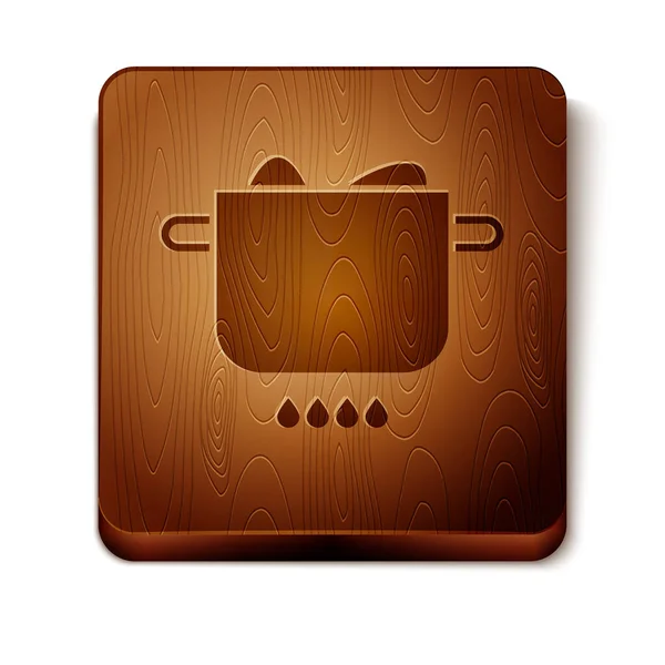 배경에는 뜨거운 냄비의 아이콘 갈색에그 있었다 부활절 Wooden Square Button — 스톡 벡터