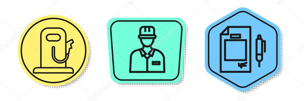 Set line Petrol or gas station, Oilman and Contract money and pen. Colored shapes. Vector