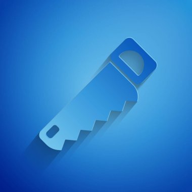 Kağıt kesiği El, mavi arka planda izole edilmiş bir simge gördü. Kağıt sanatı tarzı. Vektör İllüstrasyonu