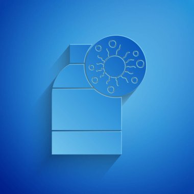 Kağıt kesiği, mavi zemin üzerinde virüs ve bakteri simgesi olan bir şişe. Analiz mikroorganizma, araştırma, tanı. Kağıt sanatı tarzı. Vektör İllüstrasyonu