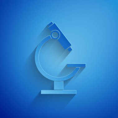 Kağıt kesiği Microscope simgesi mavi arkaplanda izole edildi. Kimya, ilaç aleti, mikrobiyoloji büyütme aracı. Kağıt sanatı tarzı. Vektör İllüstrasyonu