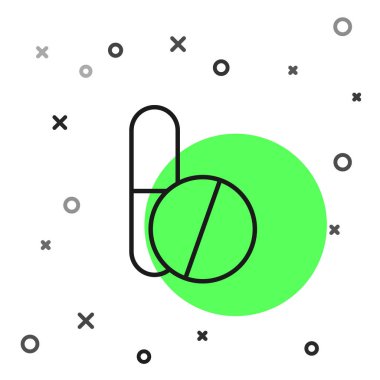 Siyah çizgi ilaç hapı ya da beyaz arkaplanda izole edilmiş tablet ikonu. Corona virüsü 2019-nCoV. Kapsül hapı ve uyuşturucu işareti. Eczane tasarımı. Vektör İllüstrasyonu