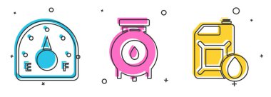 Motor benzin göstergesini, petrol ve gaz endüstriyel fabrika binasını ve motor yağı ikonu için teneke kutuyu ayarla. Vektör