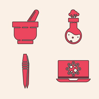 Bakterileri dizüstü bilgisayara, havan topuna, test tüpüne, mataraya ve cımbız ikonuna ayarlayın. Vektör