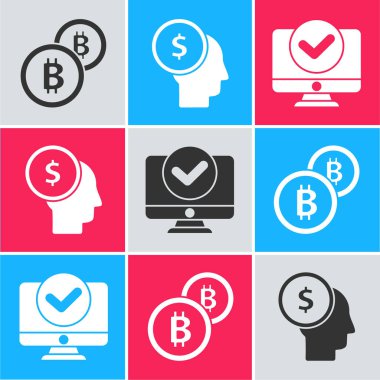 Şifreli para Bitcoin, iş adamı zihin planlama ve bilgisayar izleme simgesi ayarla. Vektör