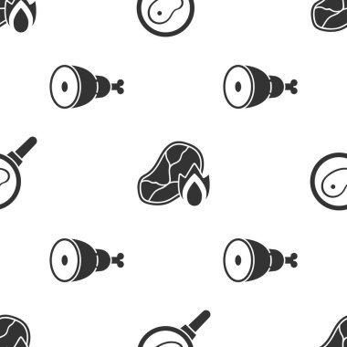 Kızartma tavasında biftek, ızgara biftek, ateş alevi ve pürüzsüz bir tavuğun bacağı. Vektör