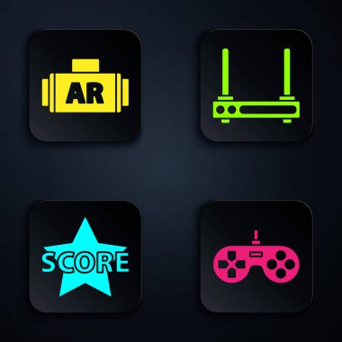 Gamepad, Ar, artırılmış gerçeklik, Yıldız ve Yönlendirici ve Wi-Fi sinyalini ayarla. Siyah kare düğme. Vektör