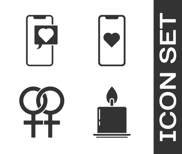 Yanan Mumu Kalp Konuşma Balonlu Akıllı Telefonu Cinsiyet Sembolünü Kalp — Stok Vektör
