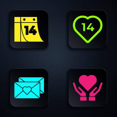 Set Heart hazır, Takvim 14 Şubat, Zarfta Sevgililer Günü kalbi ve kalbi var. Siyah kare düğme. Vektör