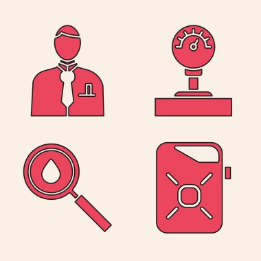 Motor yağı, İşadamı ya da borsa simgesi, ölçü ve yağ bırakma simgesi için teneke kutuyu ayarlayın. Vektör