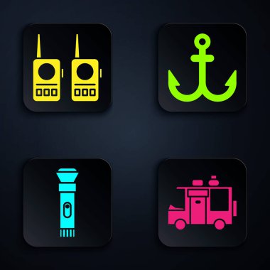 Karavan karavanı, telsiz, el feneri ve dayanak noktası ayarlayın. Siyah kare düğme. Vektör