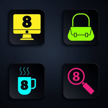 8 Mart, 8 Mart 'ta monitöre, 8 Mart' ta kahve fincanına el çantası koyun. Siyah kare düğme. Vektör