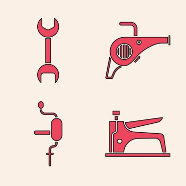İnşaat zımbası, İngiliz anahtarı, Yaprak bahçe üfleyicisi ve El matkabı ikonu. Vektör