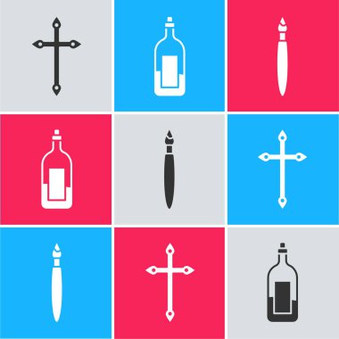 Hıristiyan haçı, bir şişe şarap ve boya fırçası ikonu. Vektör