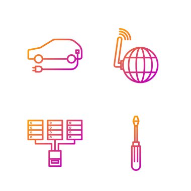 Hattı ayarla, tornavida, sunucu, veri, web sunucusu, elektrikli araba ve sosyal ağ. Renk simgeleri. Vektör