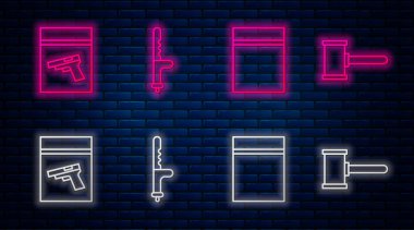 Emniyet çubuğu, plastik torba, ziplock, kanıt torbası, tabanca ya da silah ve Yargıç Gavin. Tuğla duvarda parlayan neon simgesi. Vektör