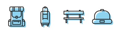 Çizgi Bench, Yürüyüş sırt çantası, bavul ve Beanie şapka ikonu. Vektör