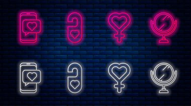 Sabit hat Lütfen kalp, kadın cinsiyet sembolü, online flört uygulaması ve sohbet ve yuvarlak makyaj aynası ile rahatsız etmeyin. Tuğla duvarda parlayan neon simgesi. Vektör